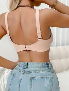 Lingerie sexy ton de peau pour femmes, soutien-gorge minimaliste décontracté et confortable à dos nageur, sous-vêtements sexy en tricot à col en V profond sans couture, soutien-gorge polyvalent décontracté sans affaissement avec support - Nude - Voir 3