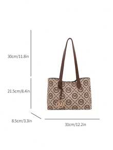 全印花手提袋，复古字母印花手提袋，大容量，通勤旅行的理想腋下包，送给妈妈的绝佳母亲节礼物 - 卡其色 - 查看 3