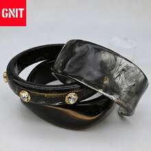 GNIT Multi-Piece Chunky Resin Bangle Set - Solid Black, Marbled Black & Crystal-Embellished Bracelets With Gold Accents, Stackable Wide Cuff For Edgy Y2K Retro Dark Luxury Fashion - Black - View 5