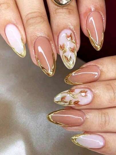 24pcs Minimalist Gold-Plated French Manicure False Nails, Featuring Gold Rose Designs And French Tips, Medium Almond Shape, Suitable For Spring & Summer, Includes Jelly Gel And File, Reusable Nail Art Supplies