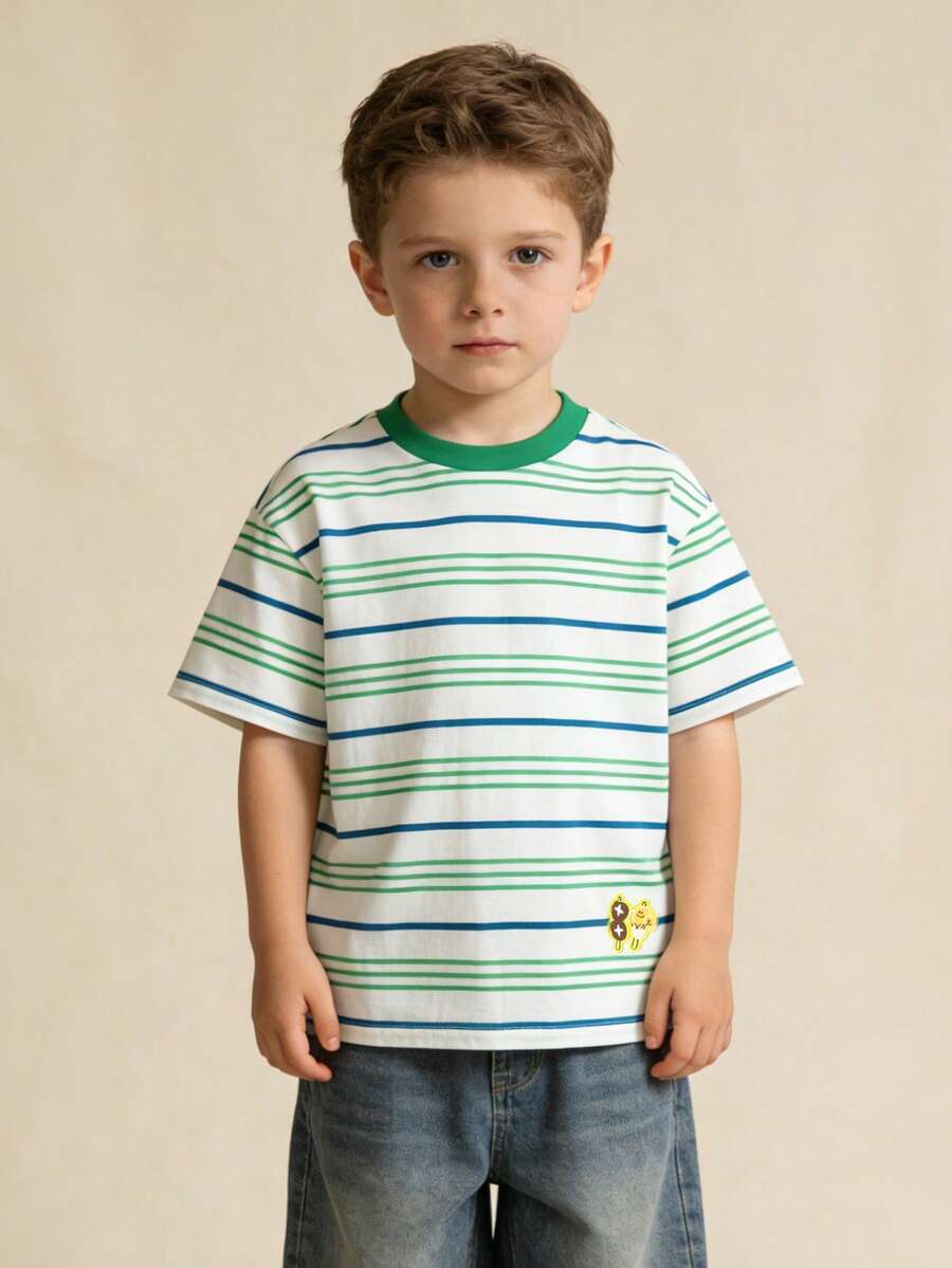 Balabala Unisex Short Sleeve T-Shirt, Classic Round Neck Design, Soft & Comfortable Fabric, Easy Care, Suitable For Summer Wear - Green and White - View 1