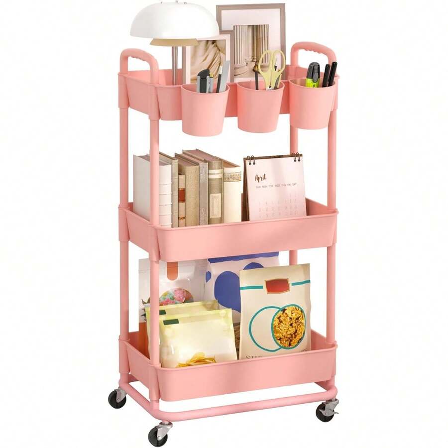 Blue Plastic Rolling Utility Storage Cart, 3 Tier Trolley With Hanging Cups Handles Lockable Wheels For Kitchen Bathroom Office - Pink - View 1