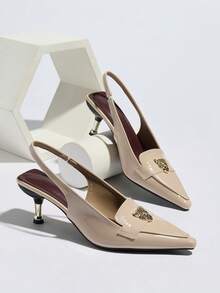 2026 New Metal Leopard Head Buckle Pointed Toe High Heel Pumps, Elastic Back Closed Toe Elegant Ladies Shoes - Apricot - View 6