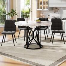 Dining Room Set (5 Pieces), Table And 4 Chairs, Kitchen Table Set, Round Table 100 Cm In Diameter, White MDF Top, Grey Velvet Dining Chair - Black - View 2