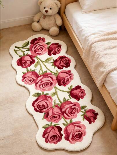 1pc Vintage French Style Cartoon Rose Bedroom Vanity Carpet, Asymmetrical Shape Bedside Window Cushion Plush Carpet, Soft Comfortable Retro Floral Living Room Rug, Washable Hallway Balcony Mat, Decorative Carpet, Bedroom Decor, Small Rug, Carpet, Home Decor, Living Room Carpet, Bedroom Carpet, Living Room Home Decor, Outdoor Carpet, Washable Carpet