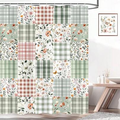 1件装时尚植物拼接网格浴帘，时尚主题网格拼接植物印花浴帘，非常适合浴室装饰、通用房间装饰、家居装饰、浴室配件浴帘