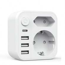 CILIA 6-In-1 European Travel Plug Adapter 3680W EU Wall Outlet Extender With 1 USB-C & 3 USB-A Ports, Portable Charging Station With Power Switch - EU E Type Plug(220-240V) - View 6