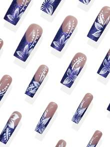 24pcs European Square Long False Nails, Purple French White Floral Nail Art Tips, Wearable, Full Coverage Removable, Suitable For Women's Party, Dance And Daily Use - Purple - View 4