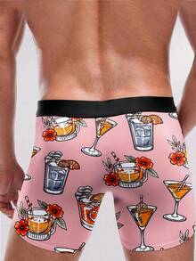 1件男士趣味平角内裤，趣味鸡尾酒和热带饮品印花，涤纶材质，休闲家居及沙滩穿着，是夏季派对和度假礼物的完美之选 - 粉色 - 查看 2