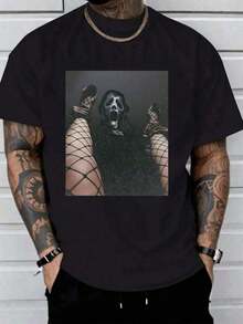 Summer TopsHalloween Retro Washed T-Shirt Scream Ghostface Heart Hands Graphic Tees Water Washing Print T-Shirt, Men's Vintage T-Shirt,Short Sleeves Crew Neck Top Tees, 230 Gram Cotton T Shirts, Holiday GiftsLoose And Comfortablesummer Clothes - 黑色 12 - 查看 2