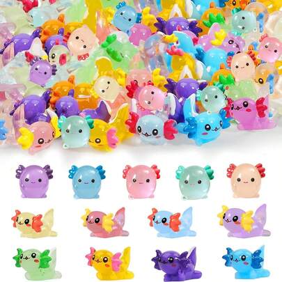 12 piezas de mini figuras de resina de ajolote que brillan en la oscuridad, 3 estilos de ajolotes coloridos como mascotas de escritorio para manualidades, jardín, macetas, acuario y decoración de micro paisaje (color aleatorio)