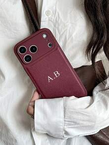 Customized Luxury Litchi Texture Leather Phone Case, Personalized Letter Name, Compatible With Apple 17, 16, 15, 14, 13, 12, 11 Pro Max, 16 Plus, 17 Air, Full Camera Protection Anti-Fall Anti-Fingerprint Phone Case - Burgundy - View 3