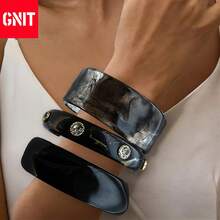 GNIT Multi-Piece Chunky Resin Bangle Set - Solid Black, Marbled Black & Crystal-Embellished Bracelets With Gold Accents, Stackable Wide Cuff For Edgy Y2K Retro Dark Luxury Fashion - Black - View 11