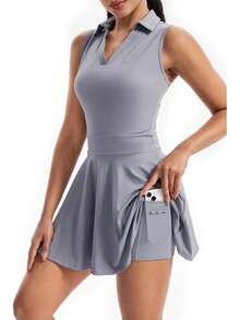 Plain Fitness Dress With Polo Collar And Built-In Shorts With Comfortable Pocket - 灰色 - 查看 6