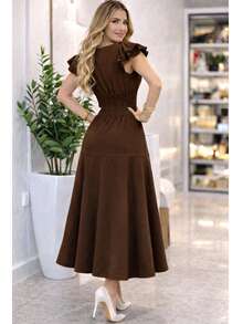 Luxurious Women's Long Dress With Elegant Ruffles, Perfect For Weddings, Parties, And Graduations. - 鏽棕色 - 查看 2