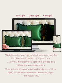 蜜月主题缎面枕套（单件装），蕾丝花边，闪亮缎面面料，奢华丝滑，超柔软透气，无填充物，可机洗，T、F、Q、K尺寸，适用于家庭和宿舍，通过Oeko-Tex认证，深绿色 - 墨綠色 - 查看 9