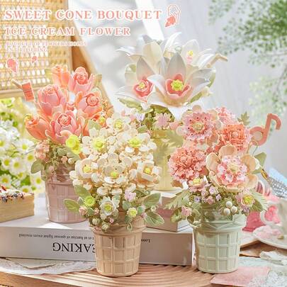 300pcs+ Realistic Preserved Flower DIY Creative Building Block Handmade Bouquet Set, Including Rose, Sunflower, Violet, Tulip, Carnation, Chrysanthemum, Hibiscus Romantic Floral Bonsai Decor, Home Decoration, Birthday/Halloween/Christmas Gift