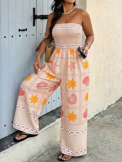 大码女式休闲度假海岛海洋印花抹胸连体裤，春夏款