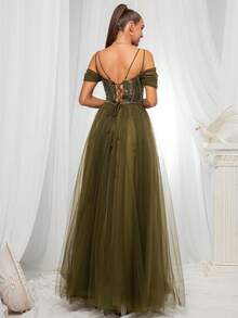 VIPGIRL Vestido de noche largo con hombros descubiertos, de malla con lentejuelas para mujer - Verde - Ver 6