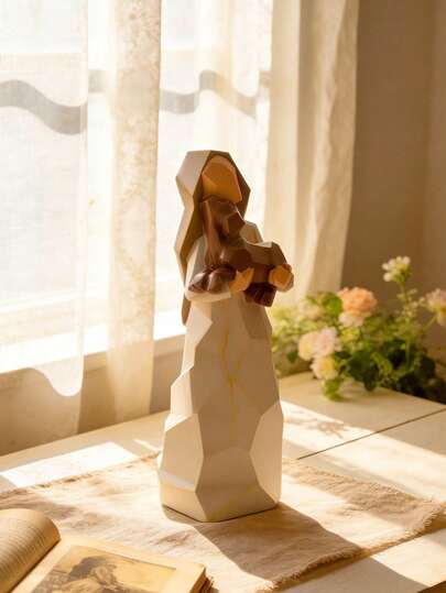 Luxury Gold Line Accent Fade Resistant Anti-Slip Bottom Resin Girl Holding Lovely Dog Statue, Warm Healing Sentimental Aesthetic Home Decor Figurine, Elegant Modern Art Decorative Sculpture For Bedroom Living Room Home Office Desk Dining Room Tabletop