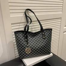 Women's Large Capacity Tote Bag With All-Over M Monogram,  Shoulder Bag For Work & Daily Use, Elegant PU Leather Handbag With Gold Pendant - 黑色 - 查看 1