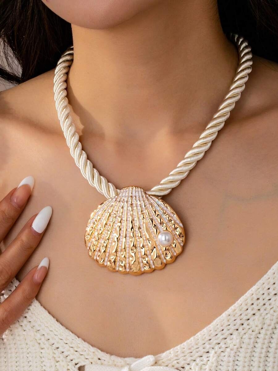 1 chiếc vòng cổ mặt dây chuyền hình vỏ sò và dây thừng dày kiểu Bohemian, vòng cổ bản lớn nổi bật, phù hợp cho kỳ nghỉ hè, trang sức phong cách biển. - Nhiều màu - Xem 1