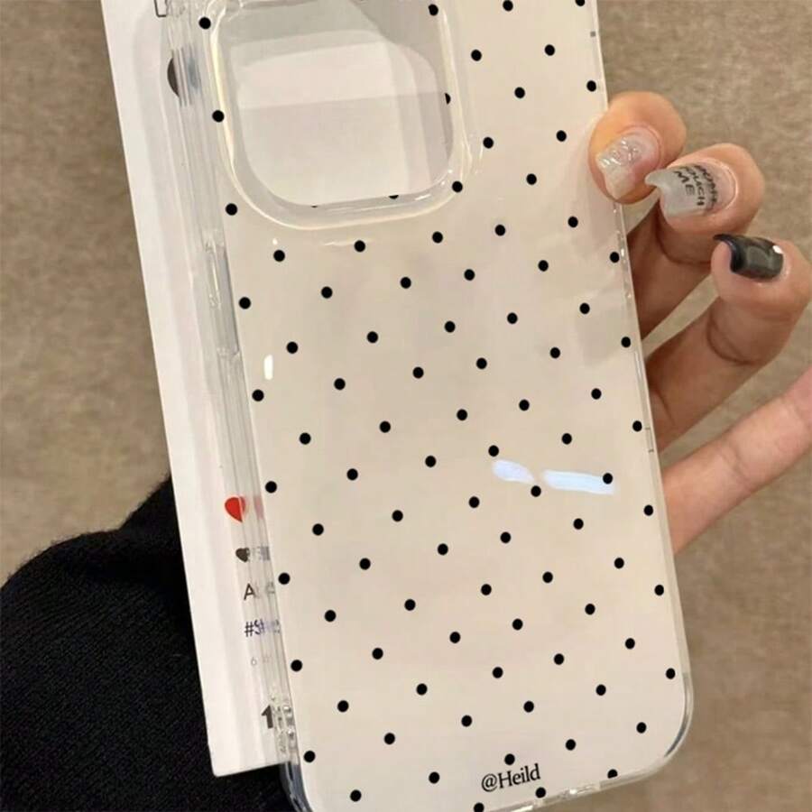 Minimalist Fashionable Black Polka Dot Pattern Phone Case Compatible With IPhone 17 Pro Max, Air 16, 15 Pro, 14 Pro Max, 13, 12, 11, XS, X, XR, 7, 8 Plus, 16e, Cute Shockproof Protective Cover - Small Wave Dots - View 1