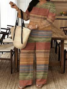 2026 New Style A Set Of Retro Stripe Woven Fabric Casual And Unconstrained Women's Plus-Size Printed Two-Piece Set For Spring, Autumn And Summer, Suitable For Independence Day, Home Wear, Travel, Gifting To Friends And Daily Wear, Retro Stripe Casual Style Suit - 彩色 - 查看 2