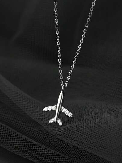 1pc S925 Sterling Silver Airplane Shaped Pendant Necklace, Suitable For Children, Hypoallergenic, Airplane Club & Cubic Zirconia Necklace, Suitable As Girl's Anniversary Party Birthday Gift