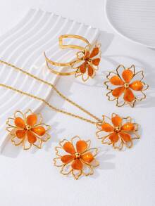 Bộ 5 món thời trang nữ kiểu dáng cổ điển phóng khoáng, họa tiết giọt dầu và hoa, gồm dây chuyền, bông tai, vòng tay và nhẫn, thích hợp cho tiệc tùng, dạ hội và mặc hàng ngày. - trái cam - Xem 6