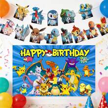pokemon Decoración de fiesta de cumpleaños con pancarta de fondo con criaturas mágicas de dibujos animados del tema de Pokémon - Fondo de pancarta - Ver 2