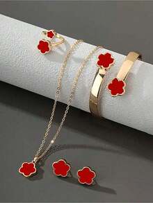 5pcs Set Lucky Clover Design Necklace Earrings Bracelet And Ring - 紅色的 - 查看 6
