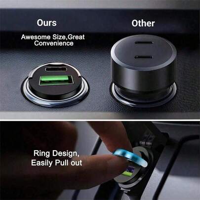 快速充电金属车载充电器，隐形车载充电器，迷你拉环式车载充电器，双口点烟器车载充电器适配器，便携方便充电