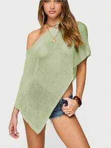 Women Sheer Mesh Poncho Top Crochet Knit Lightweight See Through Shawl Wrap Summer Oversized Loose Shrug Beachwear Swimsuit Bikini Cover Ups - 薄荷綠 - 查看 5