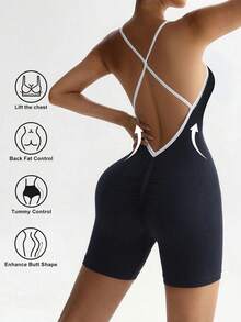 女士无缝塑身连体衣：收腹提臀，内置不可拆卸衬垫胸罩，露背设计，交叉后背带 - 黑色 - 查看 3