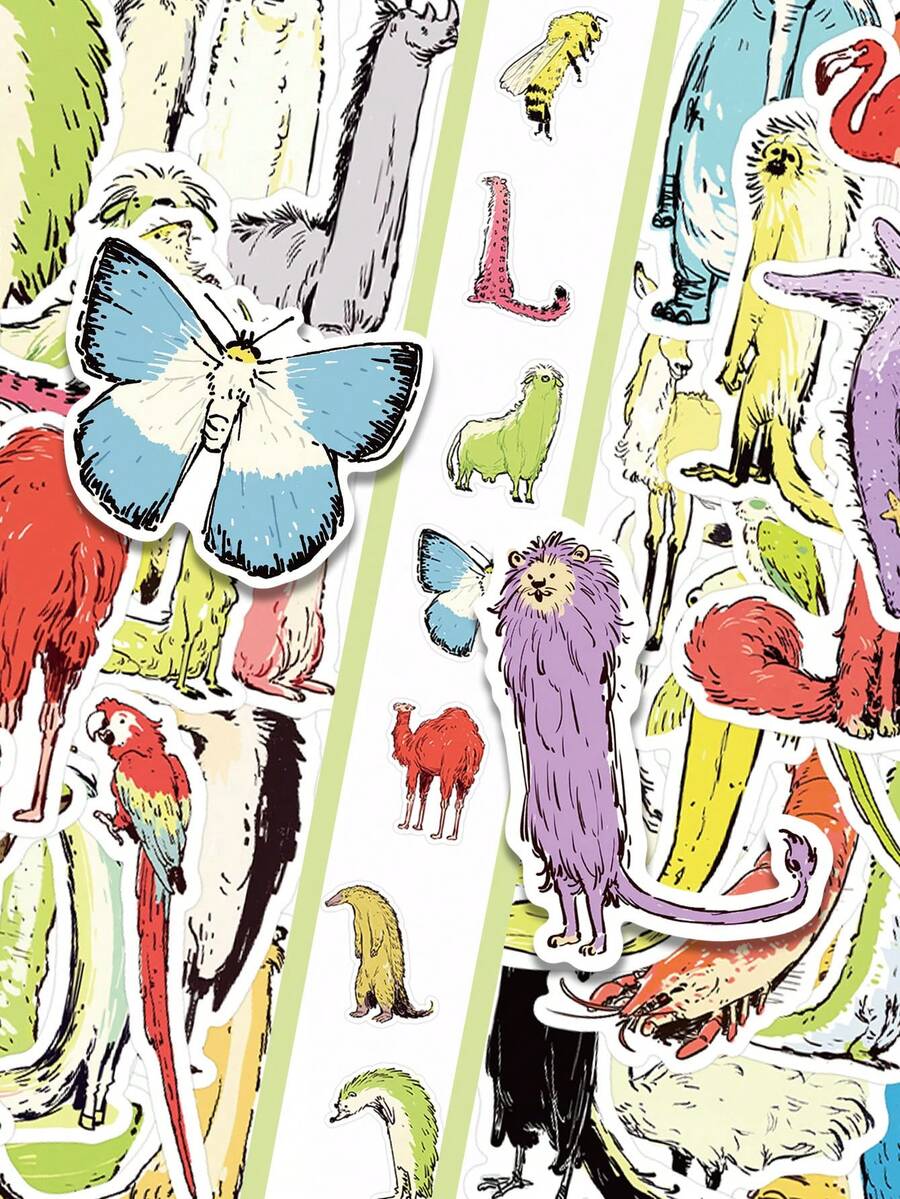 50pcs Elongated Animal Illustration Stickers Aesthetic Vibes For Journal, Phone Case, Tablet, Water Bottle, Desk, Helmet, Bike, Luggage, Waterproof Decals - Multicolor - View 1