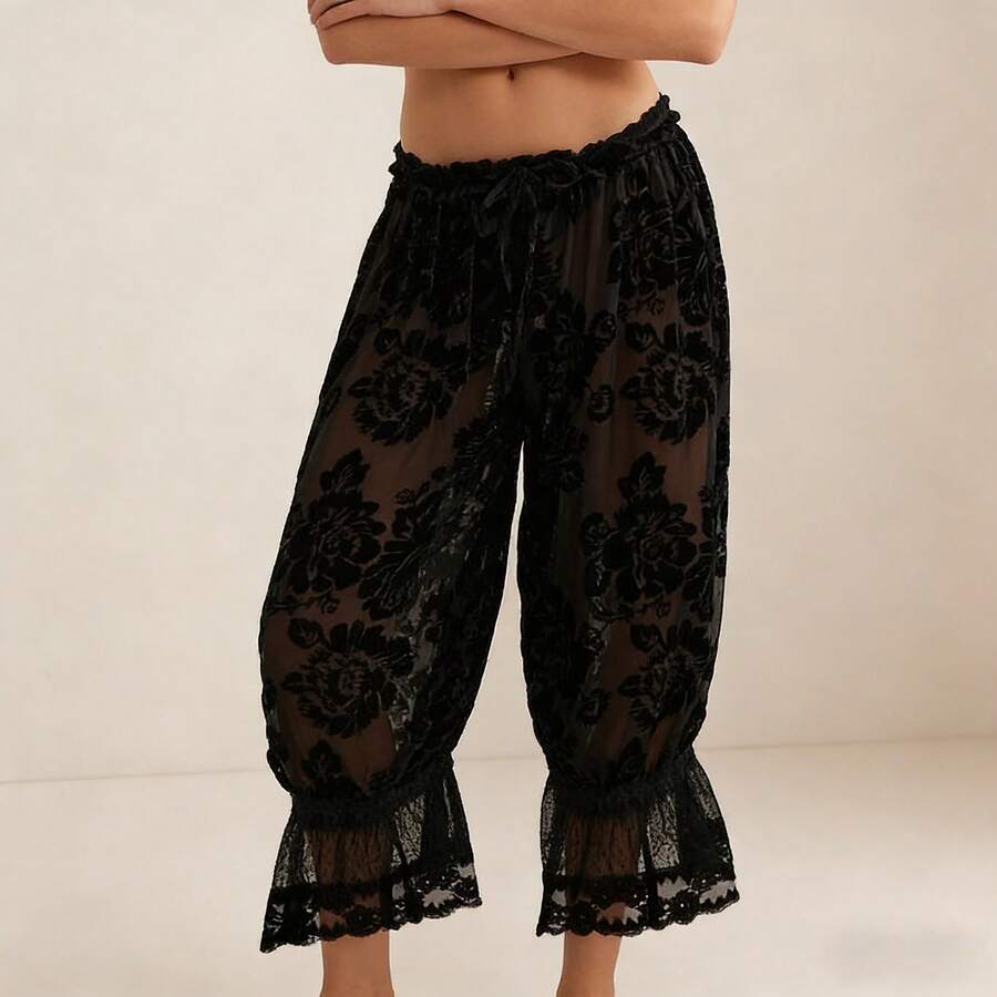 Y2K Coquette Sheer Floral Lace Bloomer Pants Ruffle Trim Wide Leg Pettipants - màu đen - Xem 1