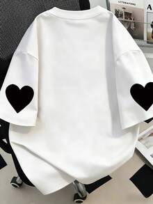Plus Size Women Summer Casual Playing Card & Heart Letter Print Round Neck T-Shirt White - White - View 2