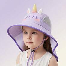 1pc Kids' Lightweight Quick-Dry Cartoon Wide Brim Sun Hat, Summer Beach UV Protection Neck Cover For Baby Girls - Multicolor - View 7