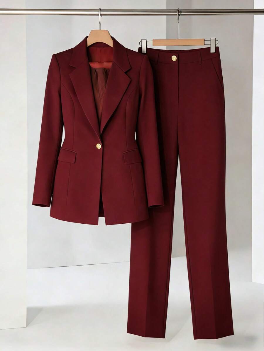 Blazer Set With Lining And Shoulder Pads, And Wide-Leg Trousers With Gold Button Detail. - Màu Đỏ Sâu - Xem 1