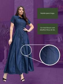 Long Striped And Plain Denim Dress With Elastane Simple Pocket Button Buttons On The Front Feminine Wedding Flared - Sọc xanh - Xem 7