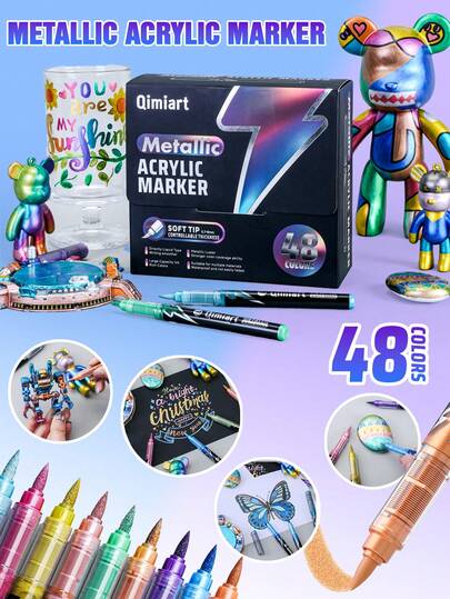 48 Colors Metallic Acrylic Paint Markers, Soft Tip Adjustable Thickness, Suitable For Multiple Materials, Art Graffiti / DIY Crafts / Decorative Creation, Glossy Finish, Applicable For Glass / Ceramic / Toys / Paper, Metallic Luster / Toy Graffiti / Item Transformation, Excellent