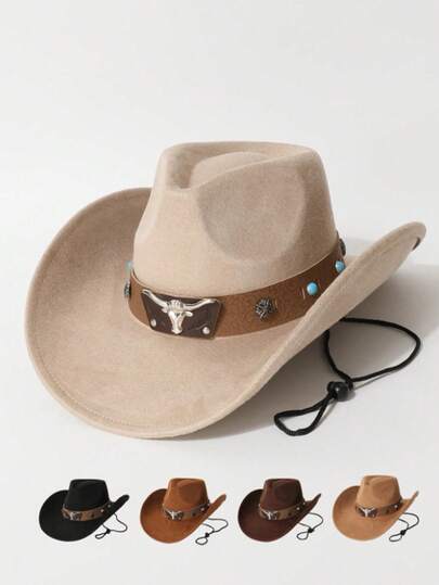 1pc Unisex New Faux Leather Decor High Quality Suede Brim Hat, Fashion Minimalist Versatile Western Cowboy Style, Suitable For Daily Wear, Western Themed Events, Birthday Parties, Music Festivals