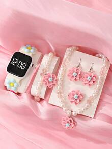6pcs/Set Girls' Elegant Classic Square LED Heart-Shaped Digital Display Watch With Floral Pattern Strap And Dial. Affordable Price, Suitable For Students To Wear In Back To School Season. Fashionable Stationery Set Includes Electronic Watch, Bracelet, Necklace, Ring And Earrings. Adorable Pearl Flower Children's Accessories, Suitable For Daily Life, School, Gatherings, Travel, Also Can Be Given As Birthday Gifts To Friends. Perfect Gift For Girls. - Multicolor - View 9