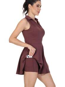 Plain Fitness Dress With Polo Collar And Built-In Shorts With Comfortable Pocket - Brown - View 4