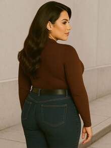 Women's Plus Size Basic Long-Sleeved Turtleneck Blouse, Made Of Knit Fabric With Ribbed Details, Highly Stretchy And Comfortable For Everyday Wear. - 咖啡棕 - 查看 3