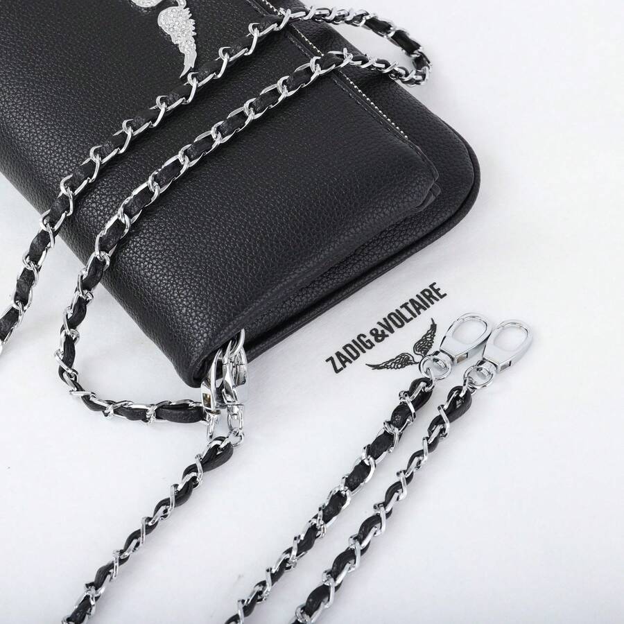 New Women's Chain Rhinestone Wing Envelope Bag, Fashionable And Versatile, Small Square Shoulder Bag/Crossbody Bag. - Black - View 1