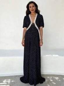 女士复古优雅波点蕾丝边连衣裙 - A字型V领长裙，日常时尚风格，蕾丝边设计，性感深V领，系带腰身，泡泡袖，度假风 - 黑色 - 查看 9