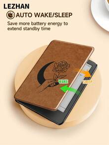 1件皮革纹理，月亮线条花卉印花保护套，适用于 Kindle 2024、Kobo、Kindle NK 11/Kindle 儿童版/Kindle Paperwhite 5，电子书阅读器保护套，带自动唤醒/睡眠功能，纤薄便捷，完美贴合保护您的阅读设备，浪漫又实用的礼物。 - 彩色 - 查看 4