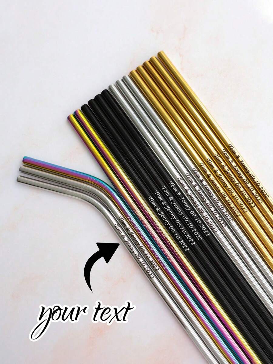 Bộ ống hút kim loại tái sử dụng cá nhân hóa, quà tặng tiệc tùng theo yêu cầu, quà tặng khách mời đám cưới, ống hút bằng thép không gỉ khắc chữ. - Nhiều màu - Xem 1